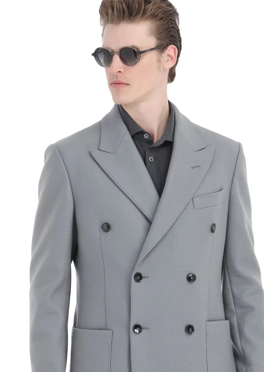 Grey Regular Fit Double Breasted Collar Casual Weaving Overcoat - 6