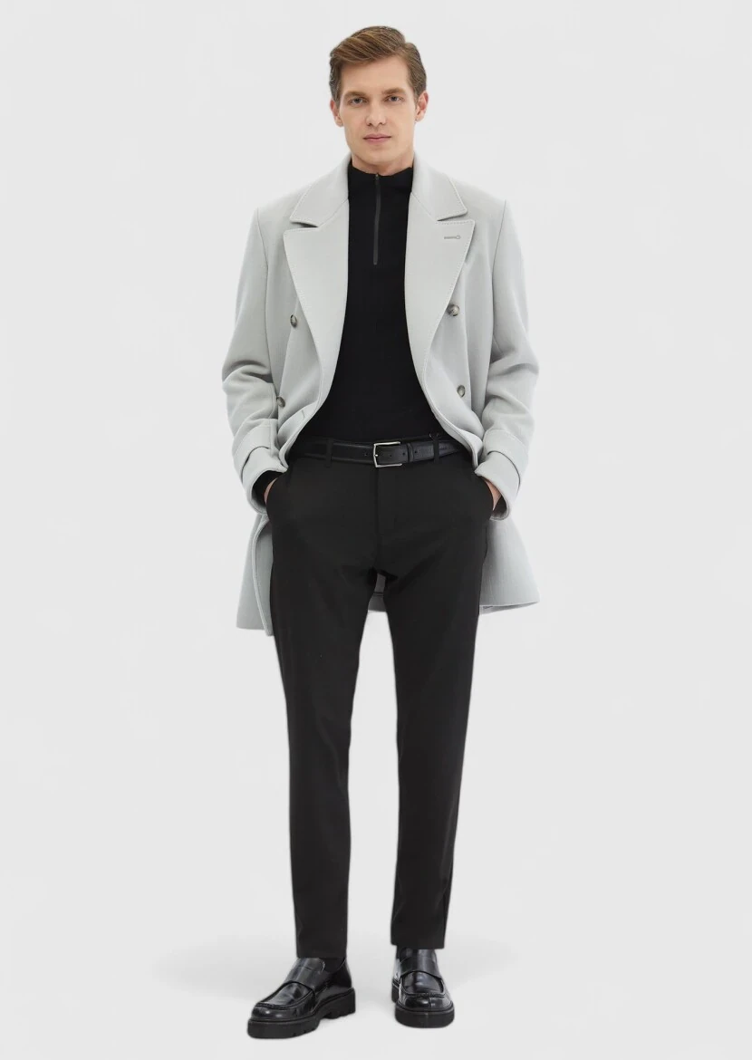 Grey Regular Fit Double Breasted Collar Casual Weaving Overcoat - RAMSEY