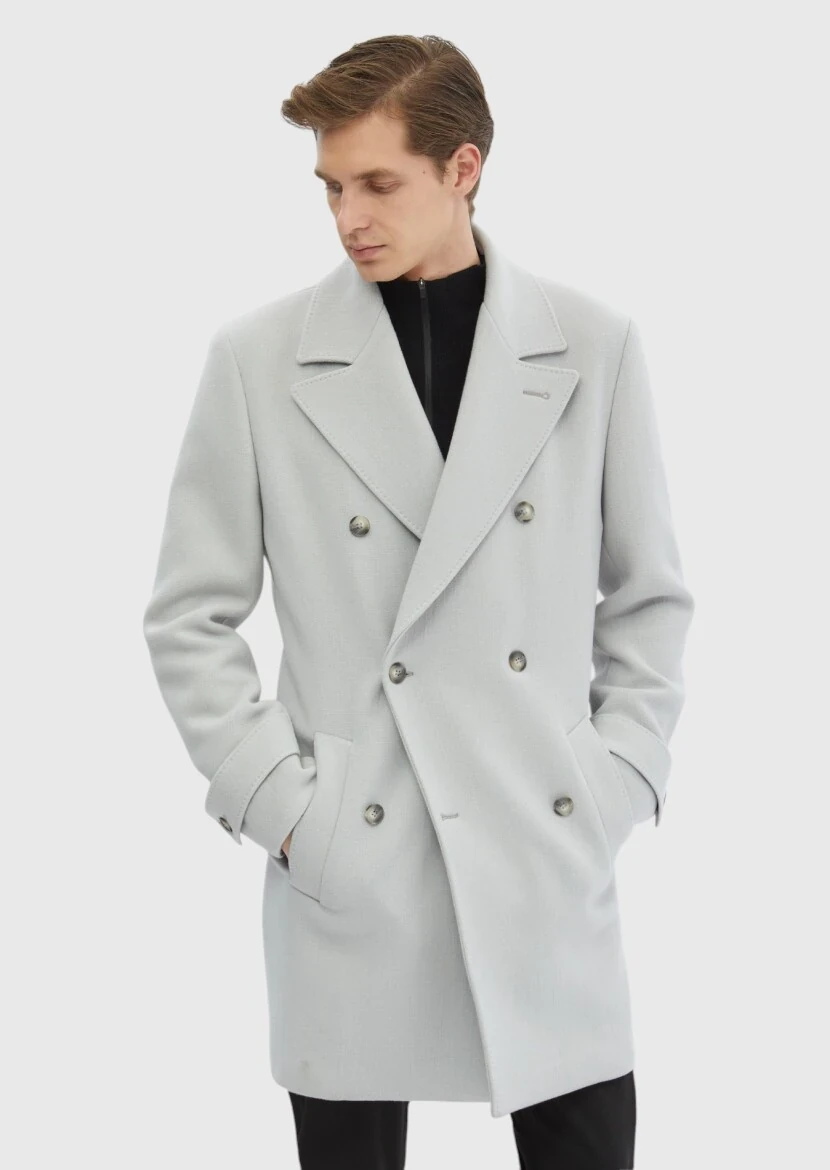 Grey Regular Fit Double Breasted Collar Casual Weaving Overcoat - 3