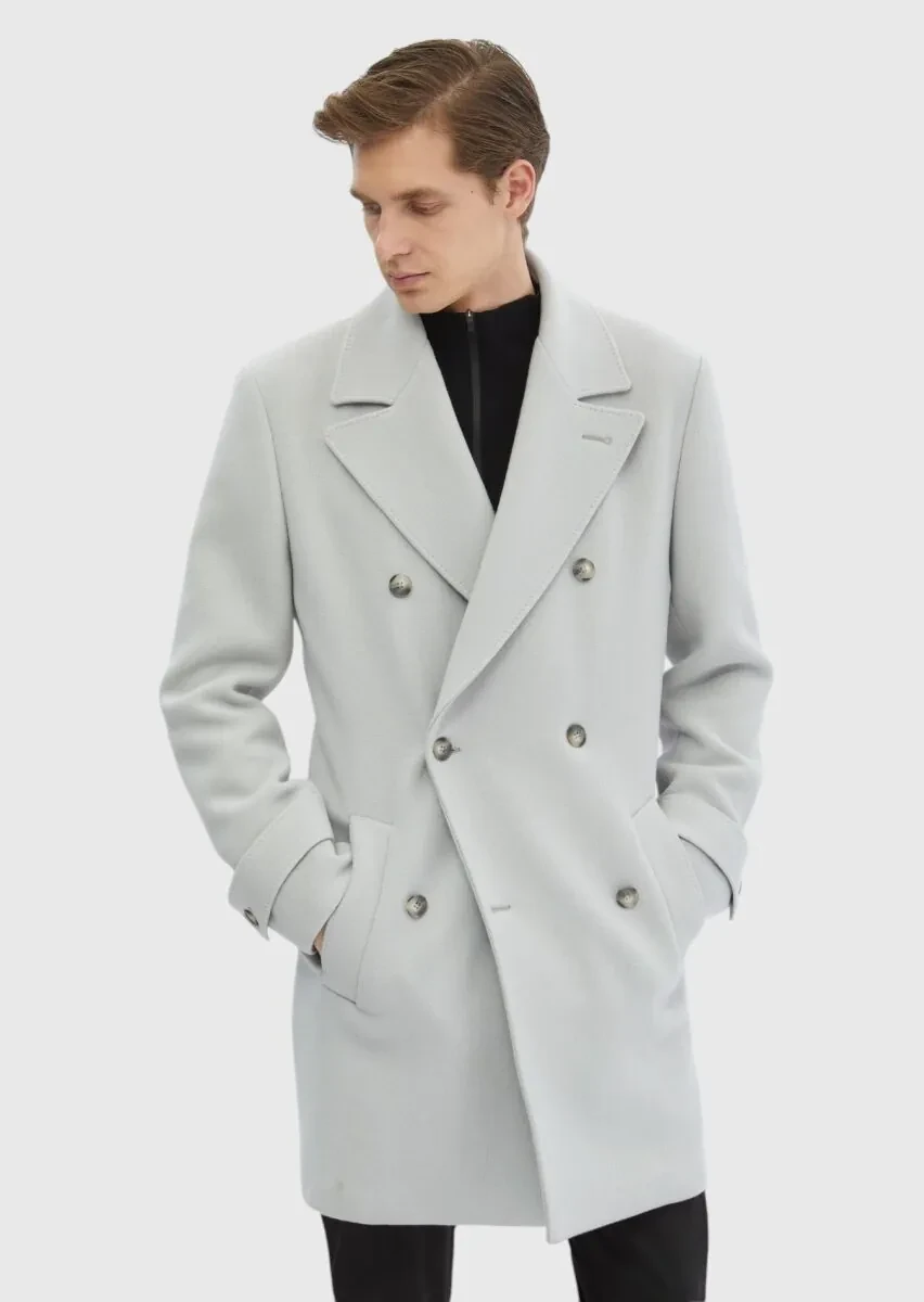 Grey Regular Fit Double Breasted Collar Casual Weaving Overcoat - 3