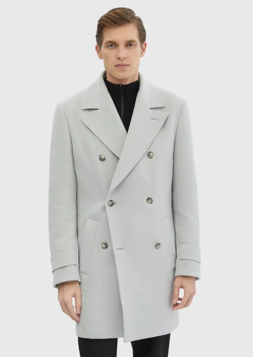 Grey Regular Fit Double Breasted Collar Casual Weaving Overcoat - 4