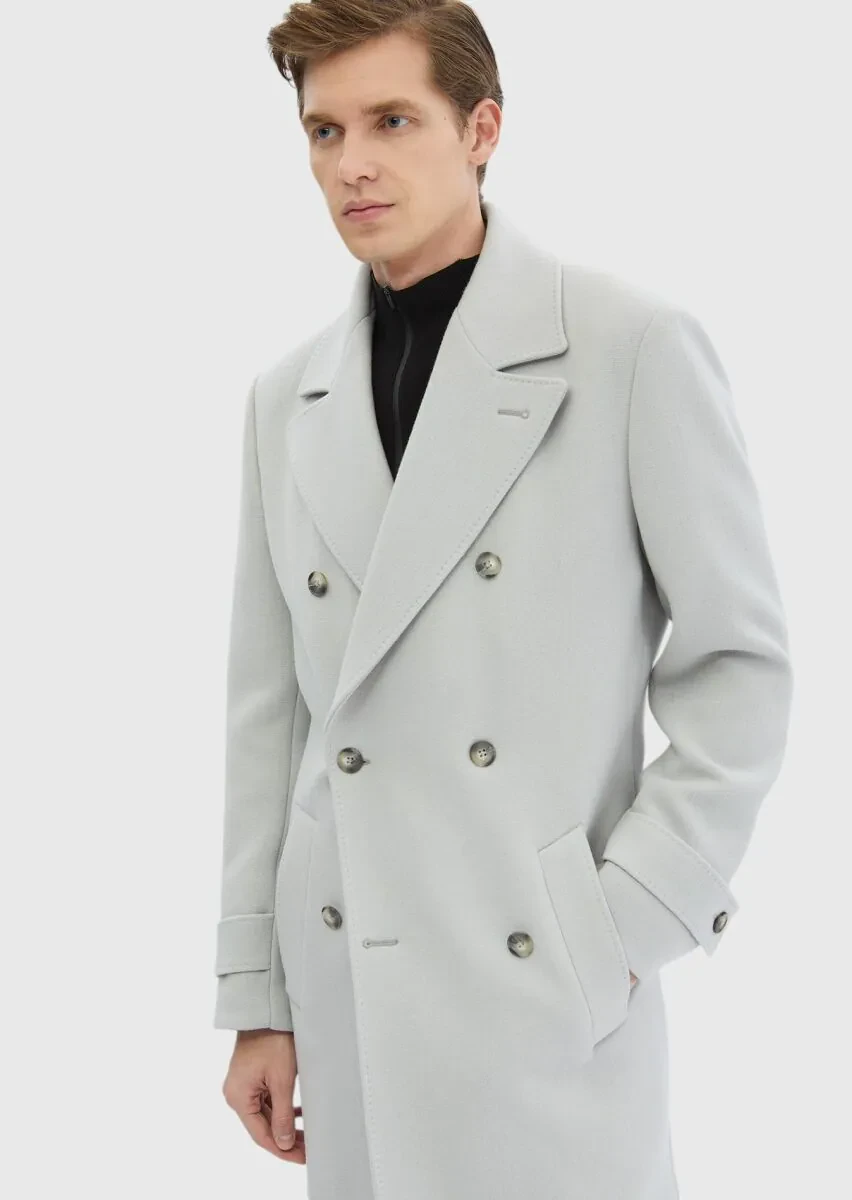 Grey Regular Fit Double Breasted Collar Casual Weaving Overcoat - 5