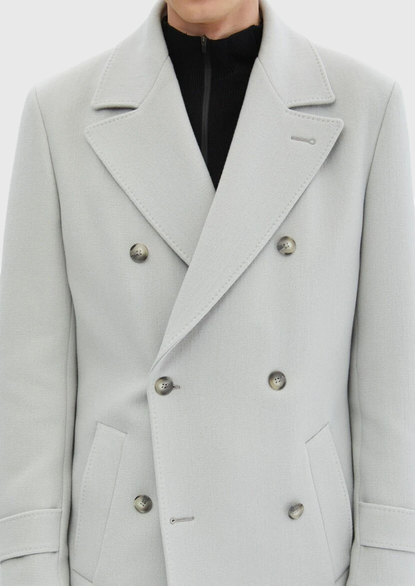 Grey Regular Fit Double Breasted Collar Casual Weaving Overcoat - 6