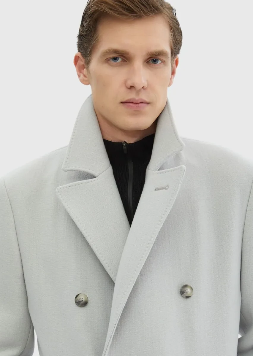 Grey Regular Fit Double Breasted Collar Casual Weaving Overcoat - 7