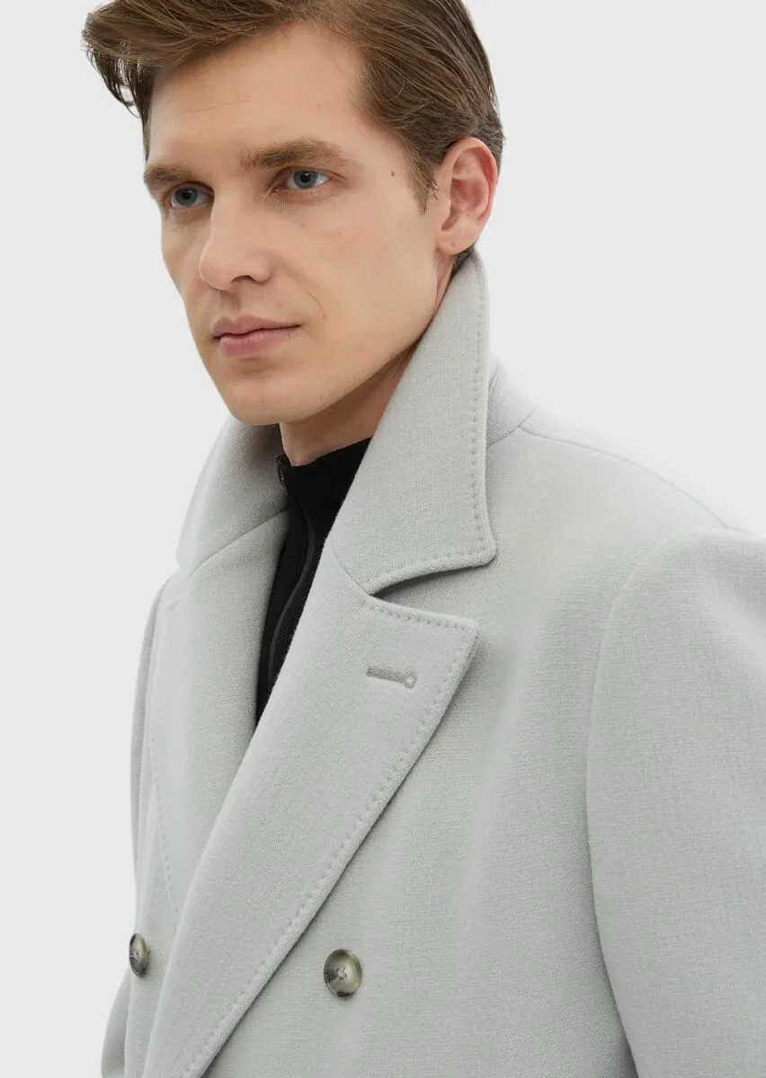 Grey Regular Fit Double Breasted Collar Casual Weaving Overcoat - 8