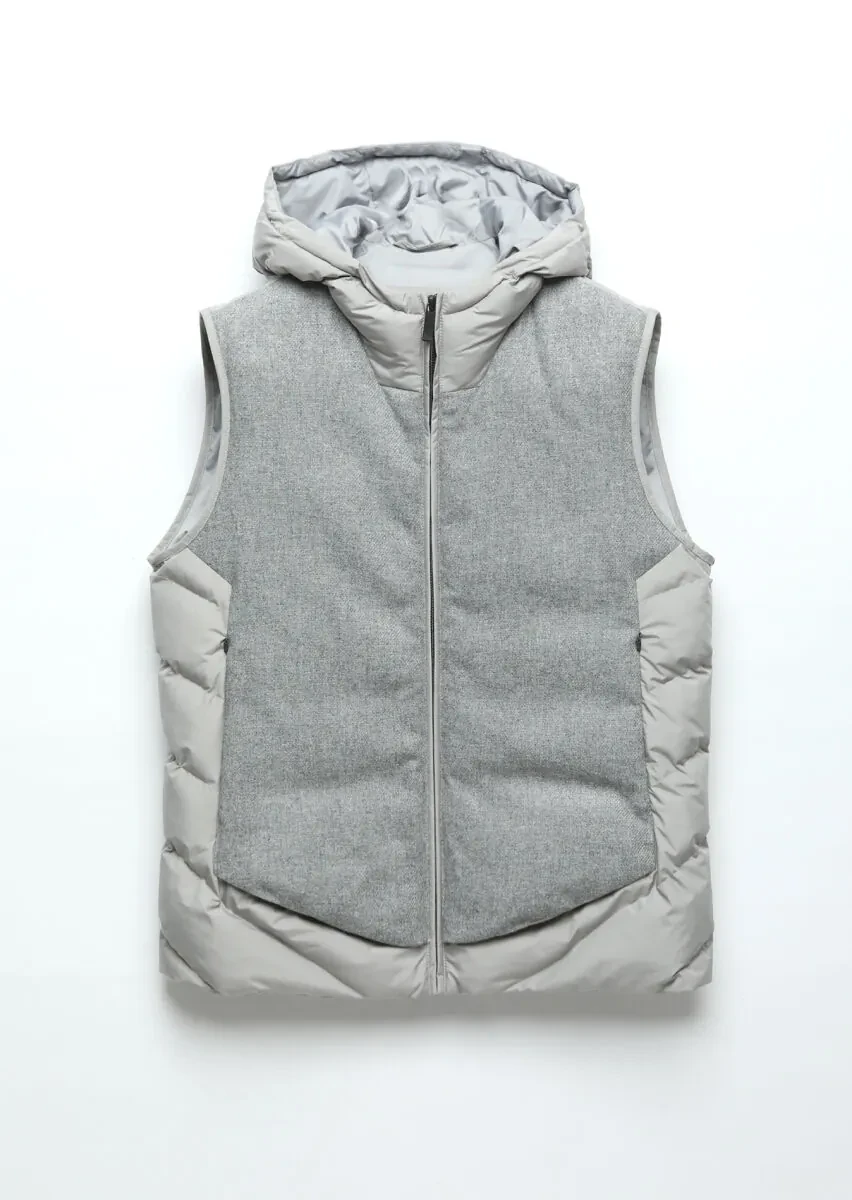 Grey Regular Fit Hooded Casual Weaving Puffer Vest - 7