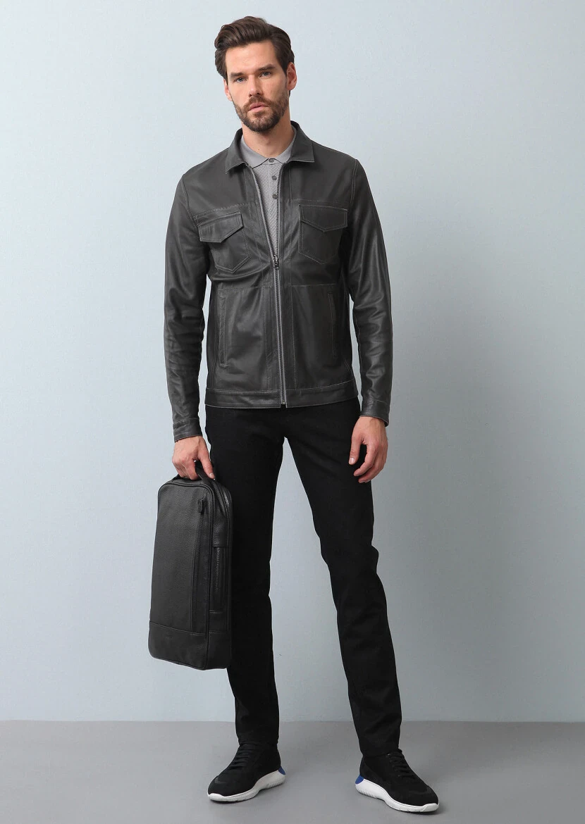 Grey Regular Fit Leather Jacket - 1