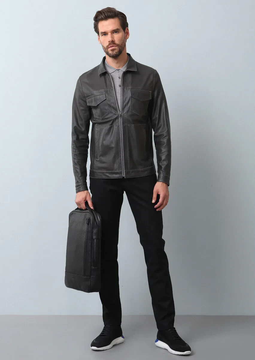 Grey Regular Fit Leather Jacket - 1