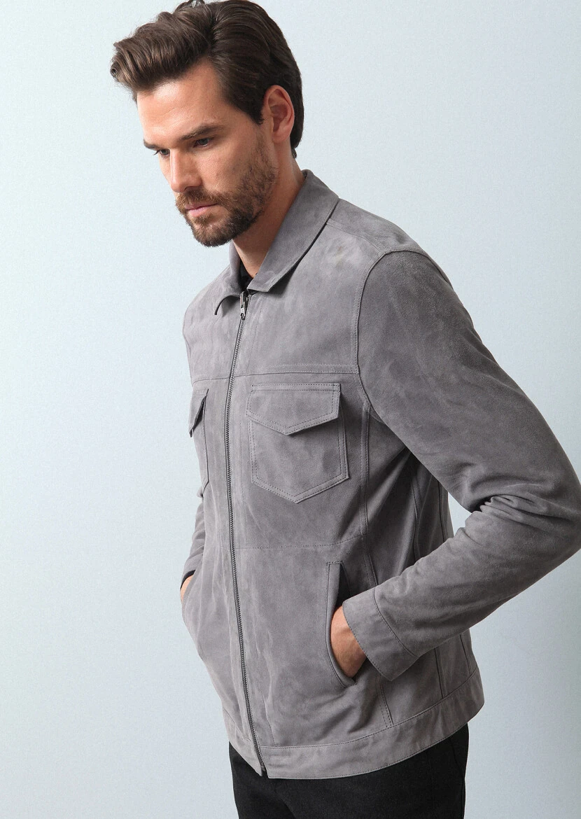 Grey Regular Fit Leather Jacket - 2