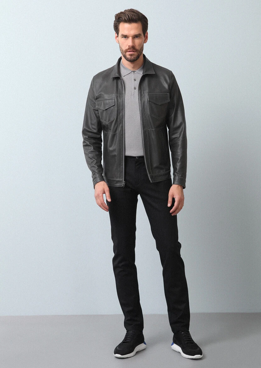 Grey Regular Fit Leather Jacket - 3