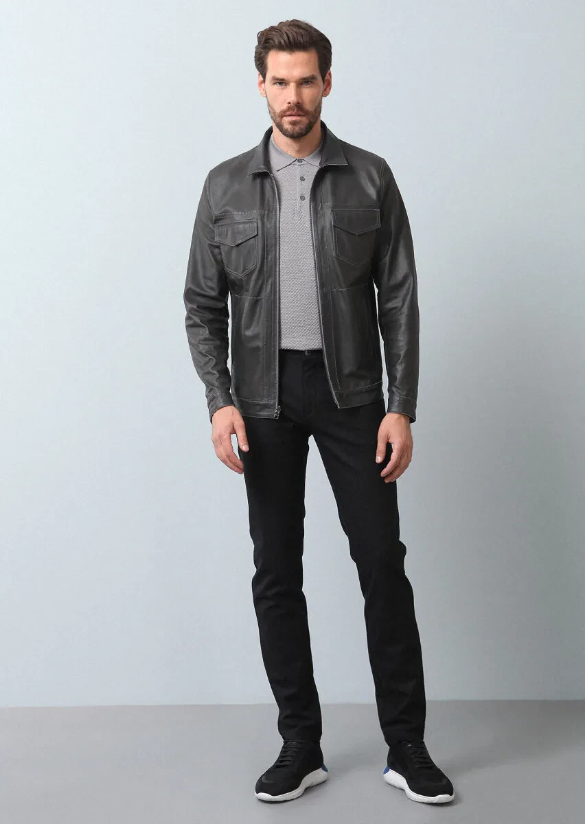 Grey Regular Fit Leather Jacket - 3