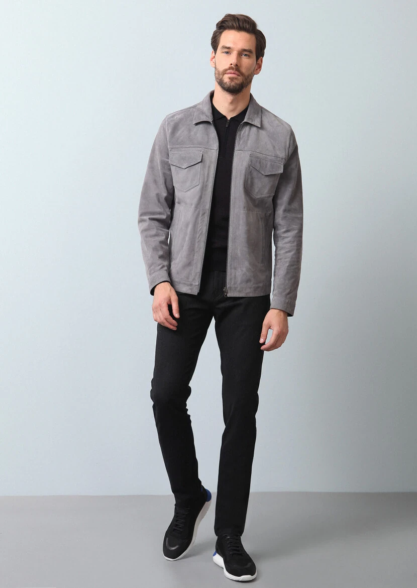 Grey Regular Fit Leather Jacket - 4