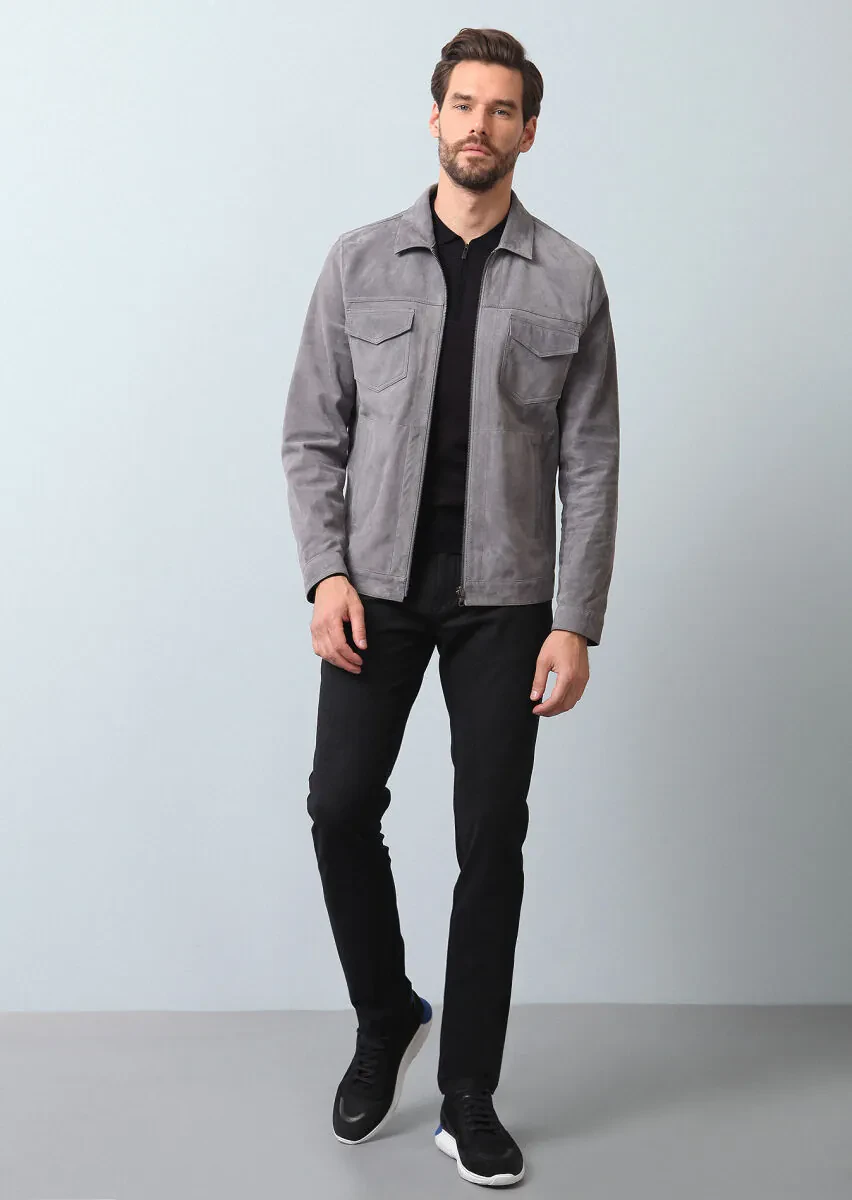 Grey Regular Fit Leather Jacket - 4