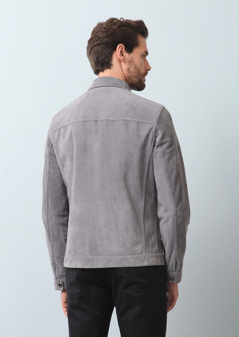Grey Regular Fit Leather Jacket - 5