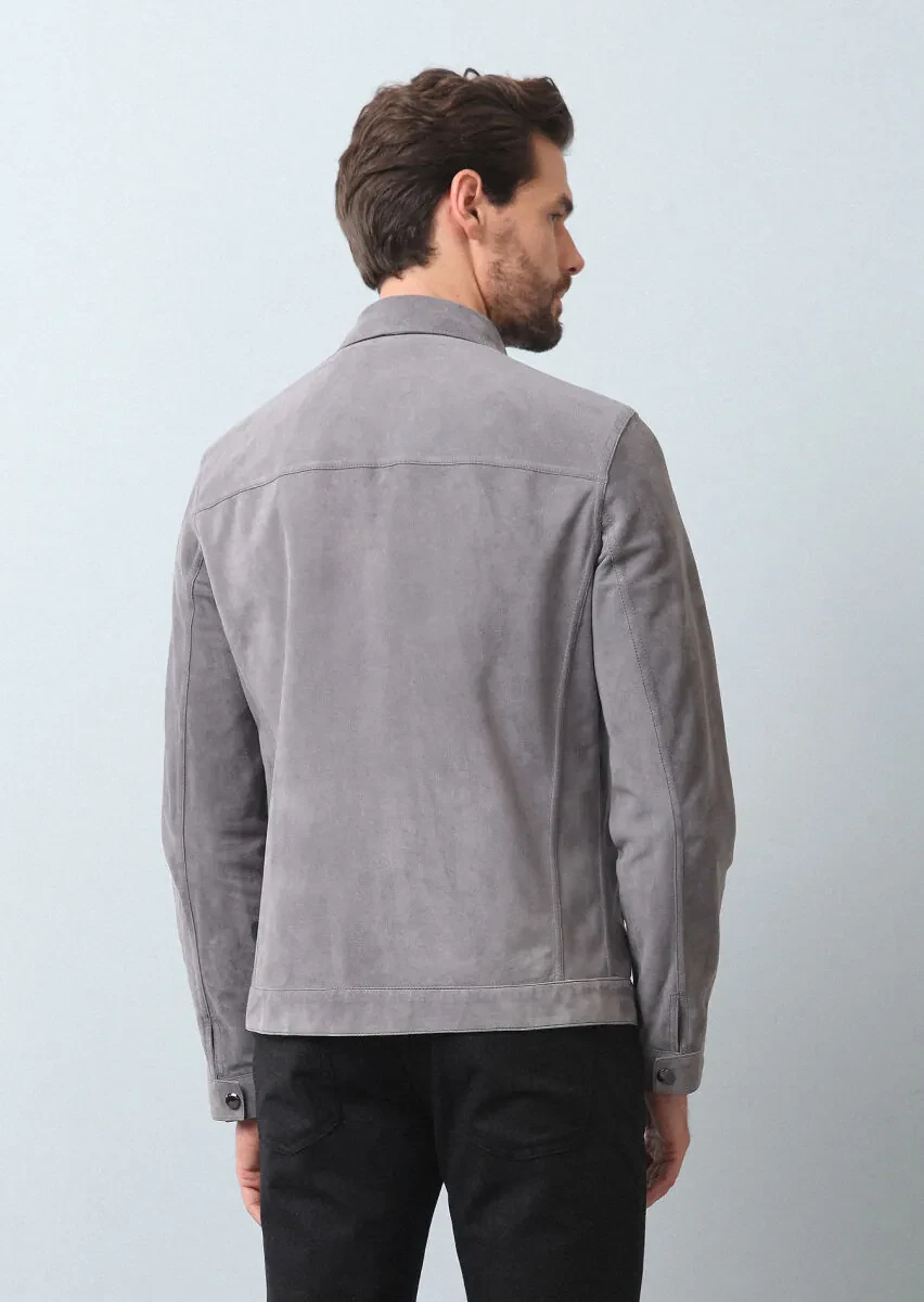 Grey Regular Fit Leather Jacket - 5