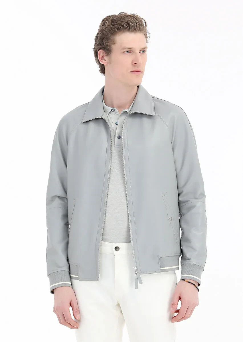 Grey Regular Fit Shirt Collar Casual Leather Leather Coat - 3