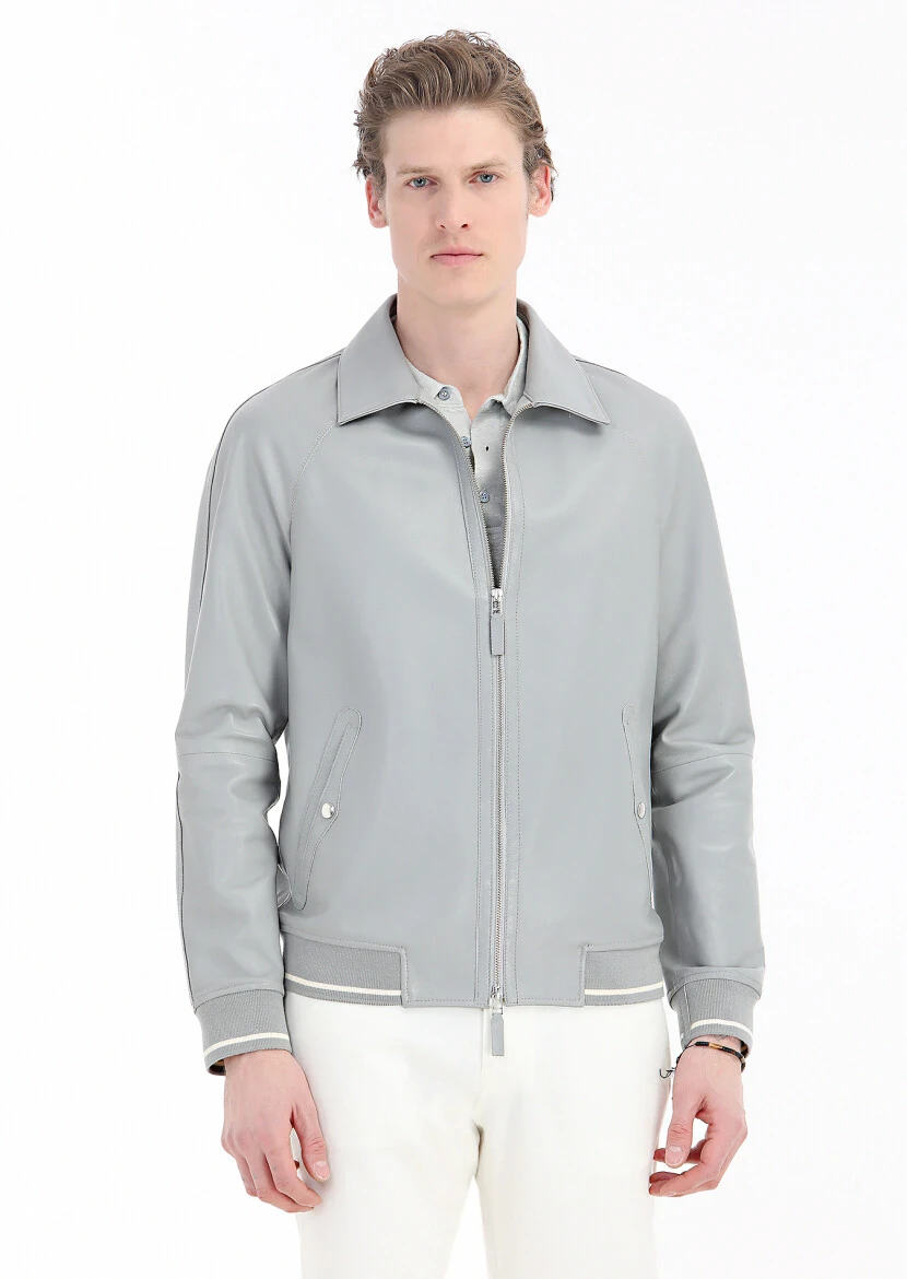 Grey Regular Fit Shirt Collar Casual Leather Leather Coat - 4