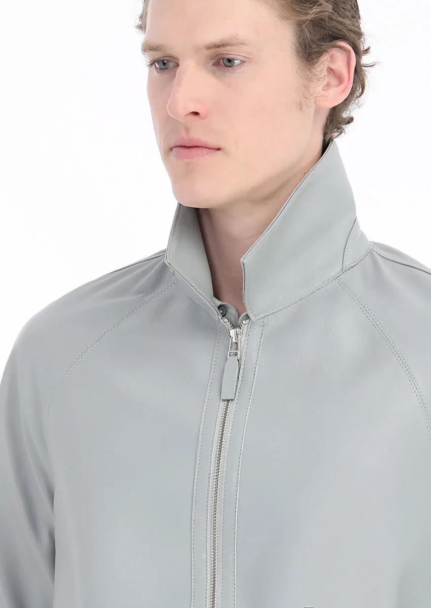 Grey Regular Fit Shirt Collar Casual Leather Leather Coat - 5