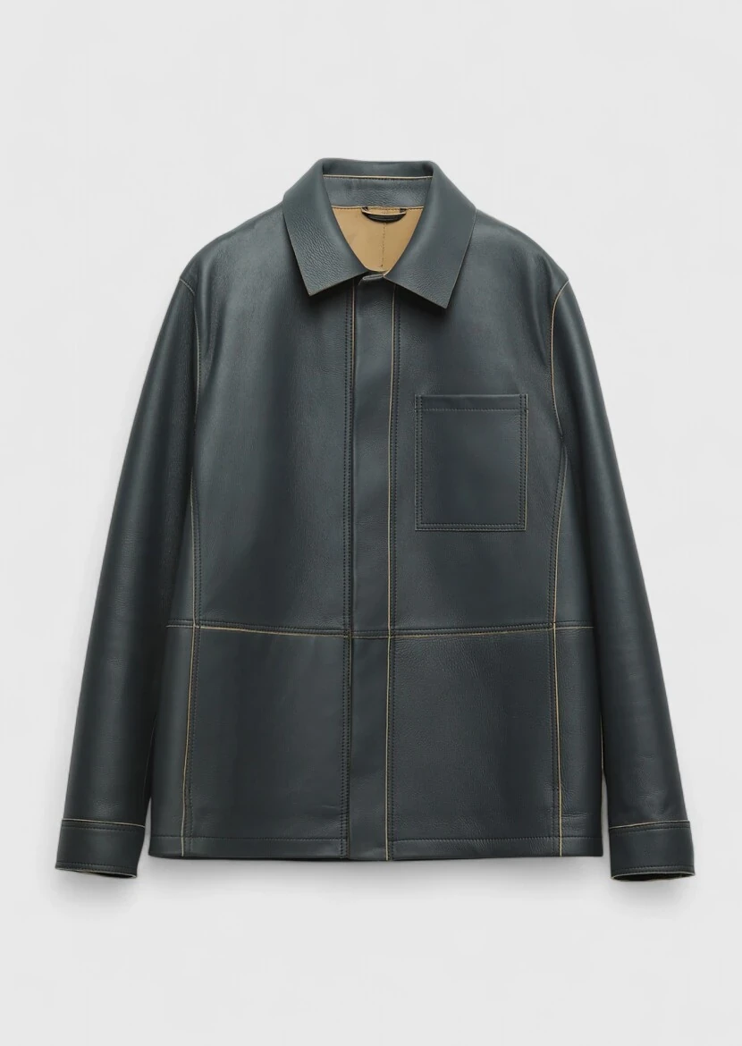 Grey Regular Fit Shirt Collar Casual Sheep Leather Leather Coat - 6