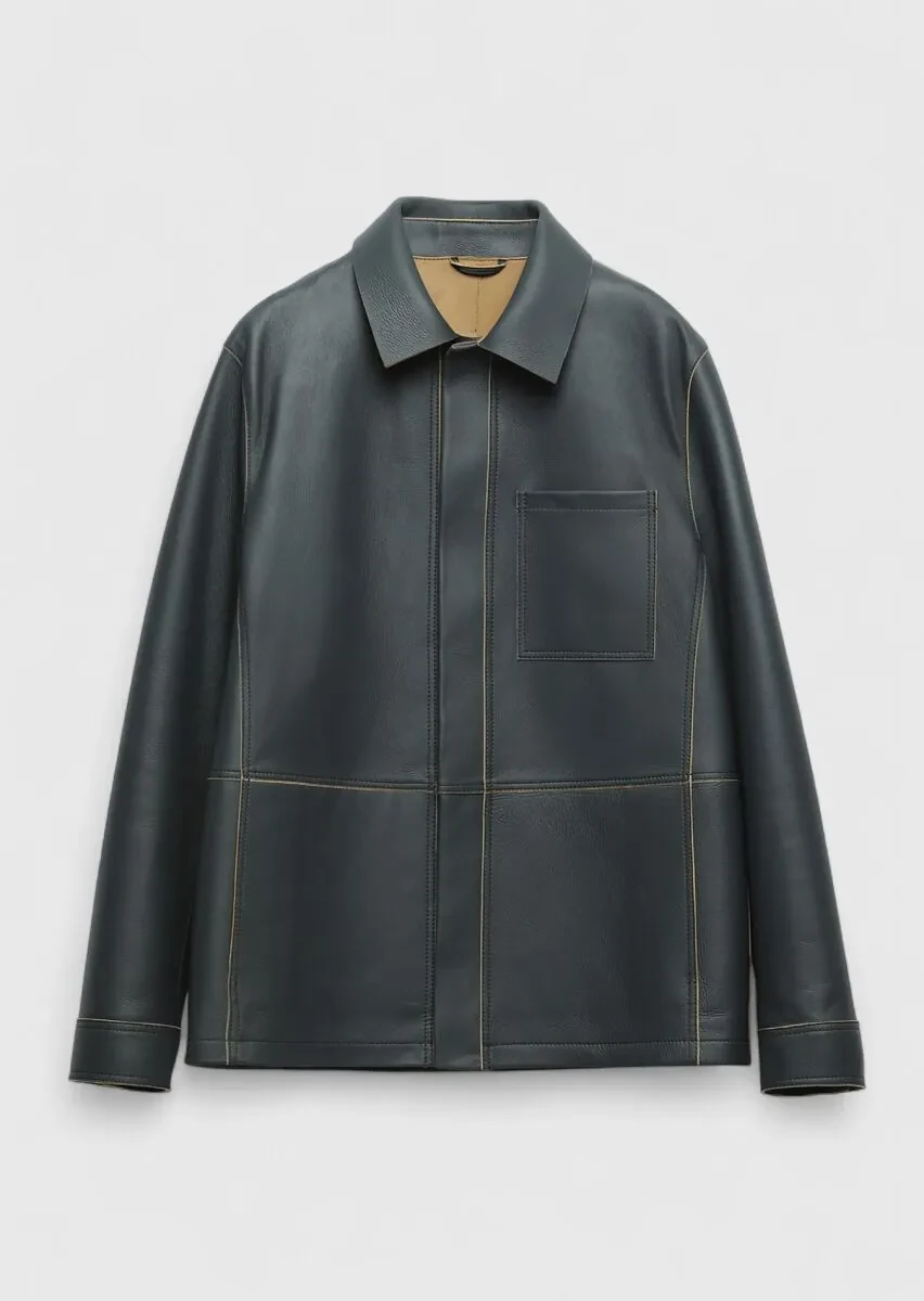 Grey Regular Fit Shirt Collar Casual Sheep Leather Leather Coat - 6