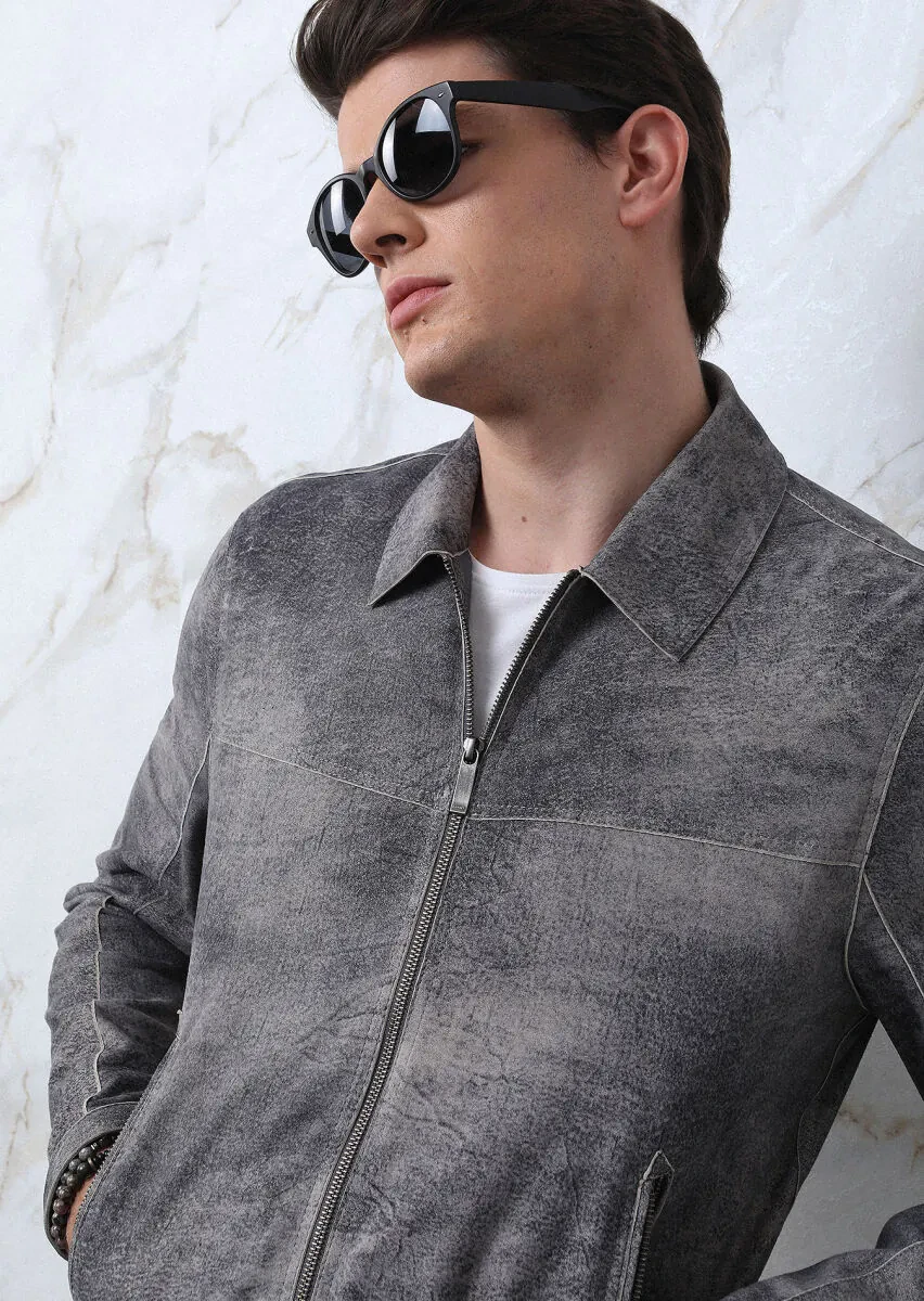 Grey Regular Fit Shirt Collar Casual Suede Leather Coat - 1