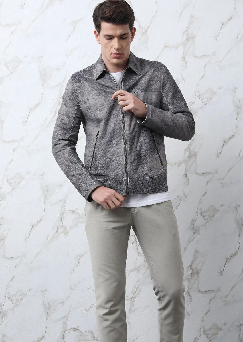 Grey Regular Fit Shirt Collar Casual Suede Leather Coat - 3