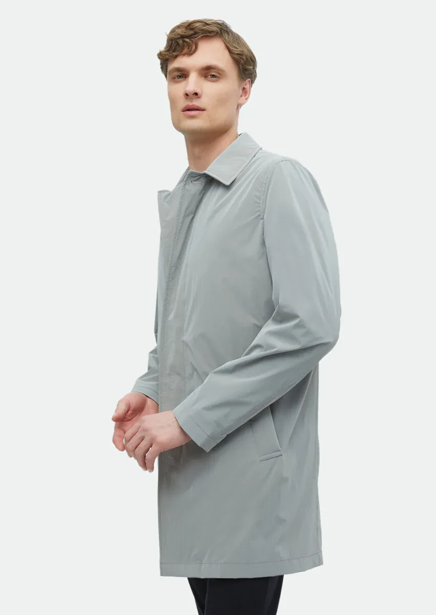 Grey Regular Fit Shirt Collar Casual Weaving Rain Coat - 1