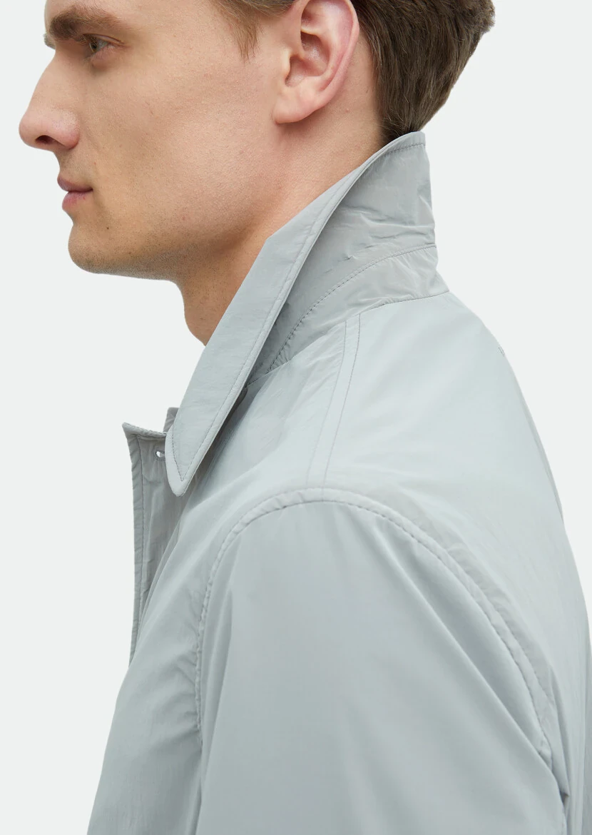 Grey Regular Fit Shirt Collar Casual Weaving Rain Coat - 5