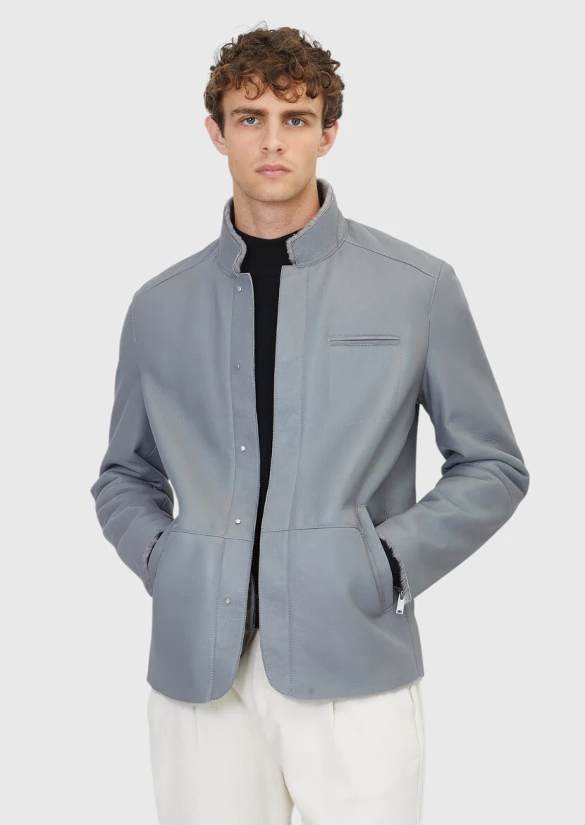 Grey Regular Fit Turtleneck Casual Shearling Leather Coat - RAMSEY