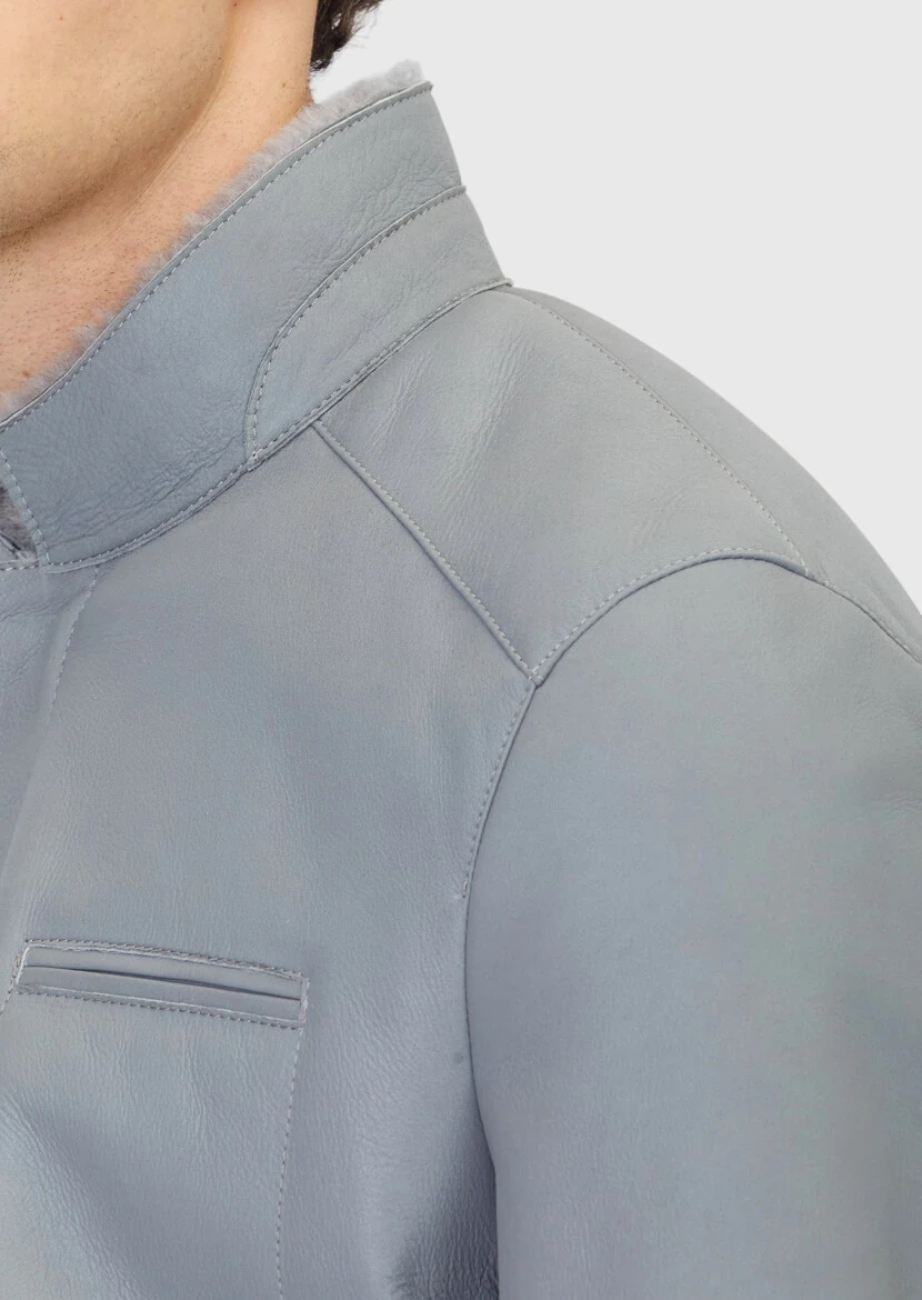 Grey Regular Fit Turtleneck Casual Shearling Leather Coat - 5