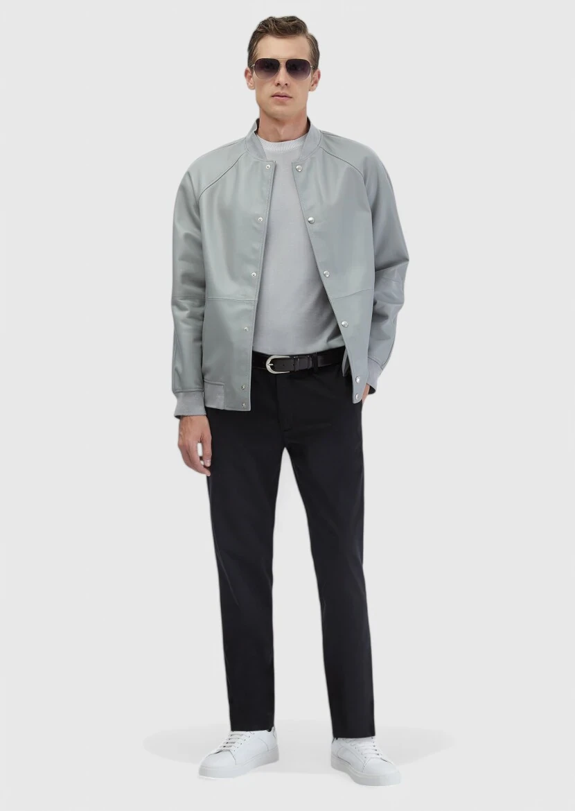 Grey Regular Fit Turtleneck Casual Sheep Leather Leather Coat - RAMSEY