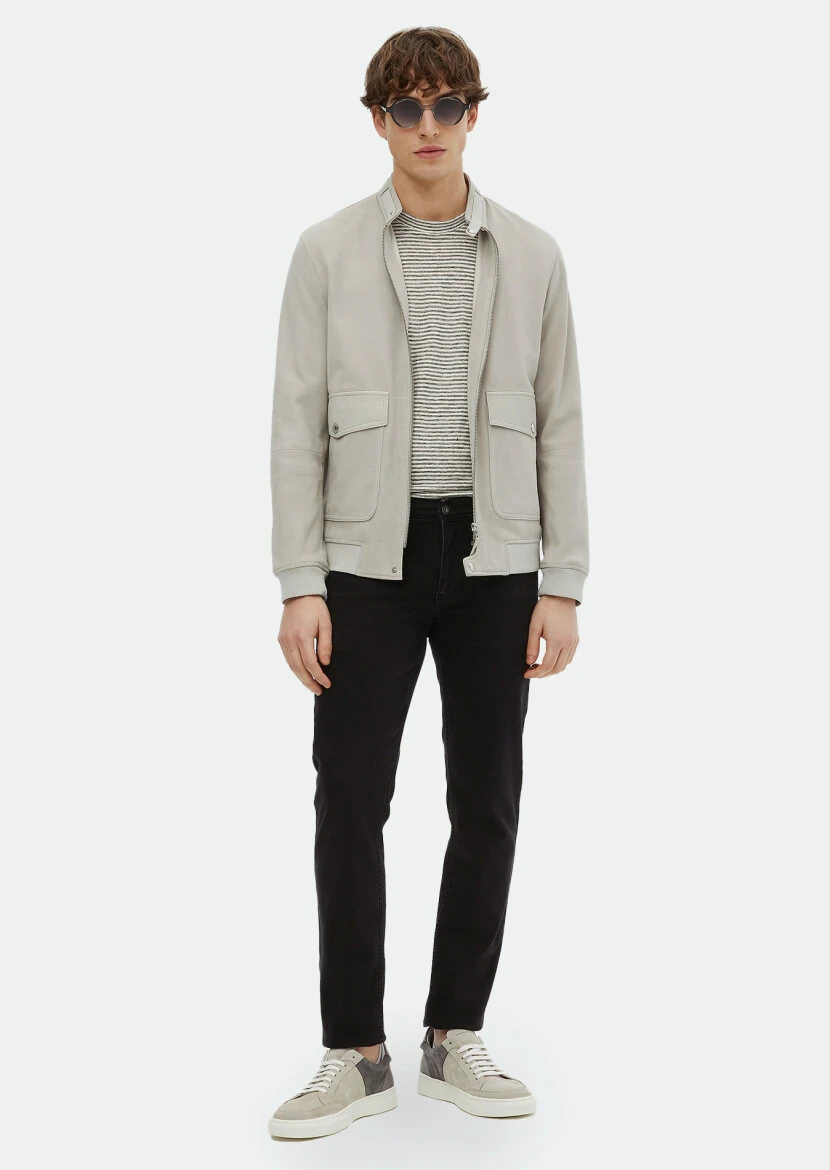 Grey Regular Fit Turtleneck Casual Suede Leather Coat - RAMSEY