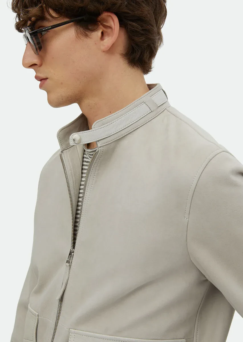 Grey Regular Fit Turtleneck Casual Suede Leather Coat - 4