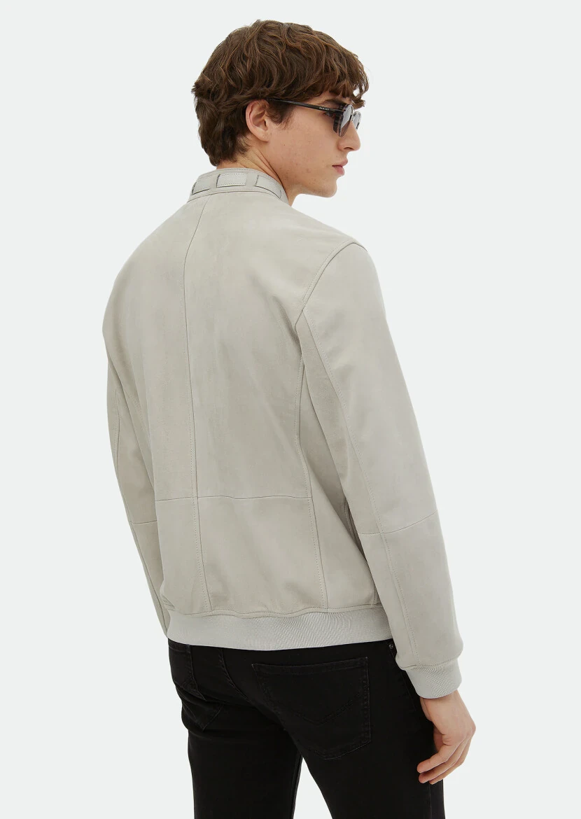 Grey Regular Fit Turtleneck Casual Suede Leather Coat - 6