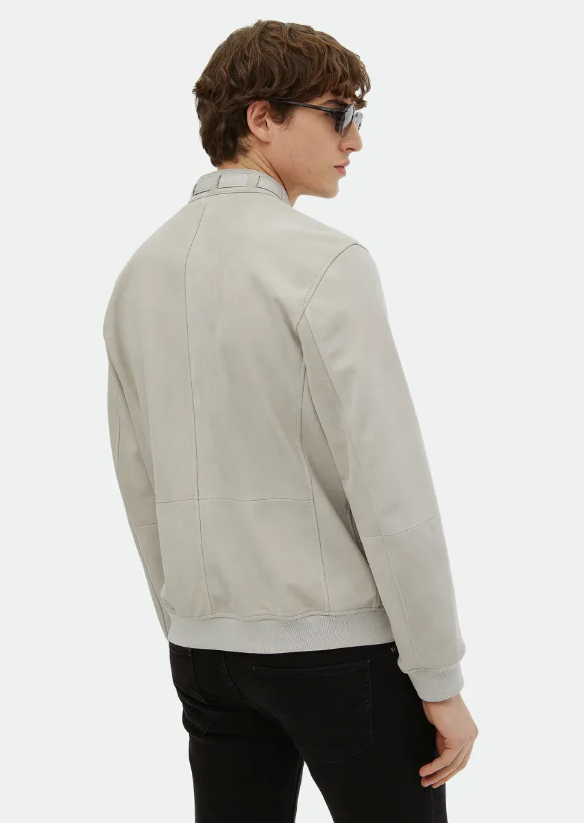 Grey Regular Fit Turtleneck Casual Suede Leather Coat - 6