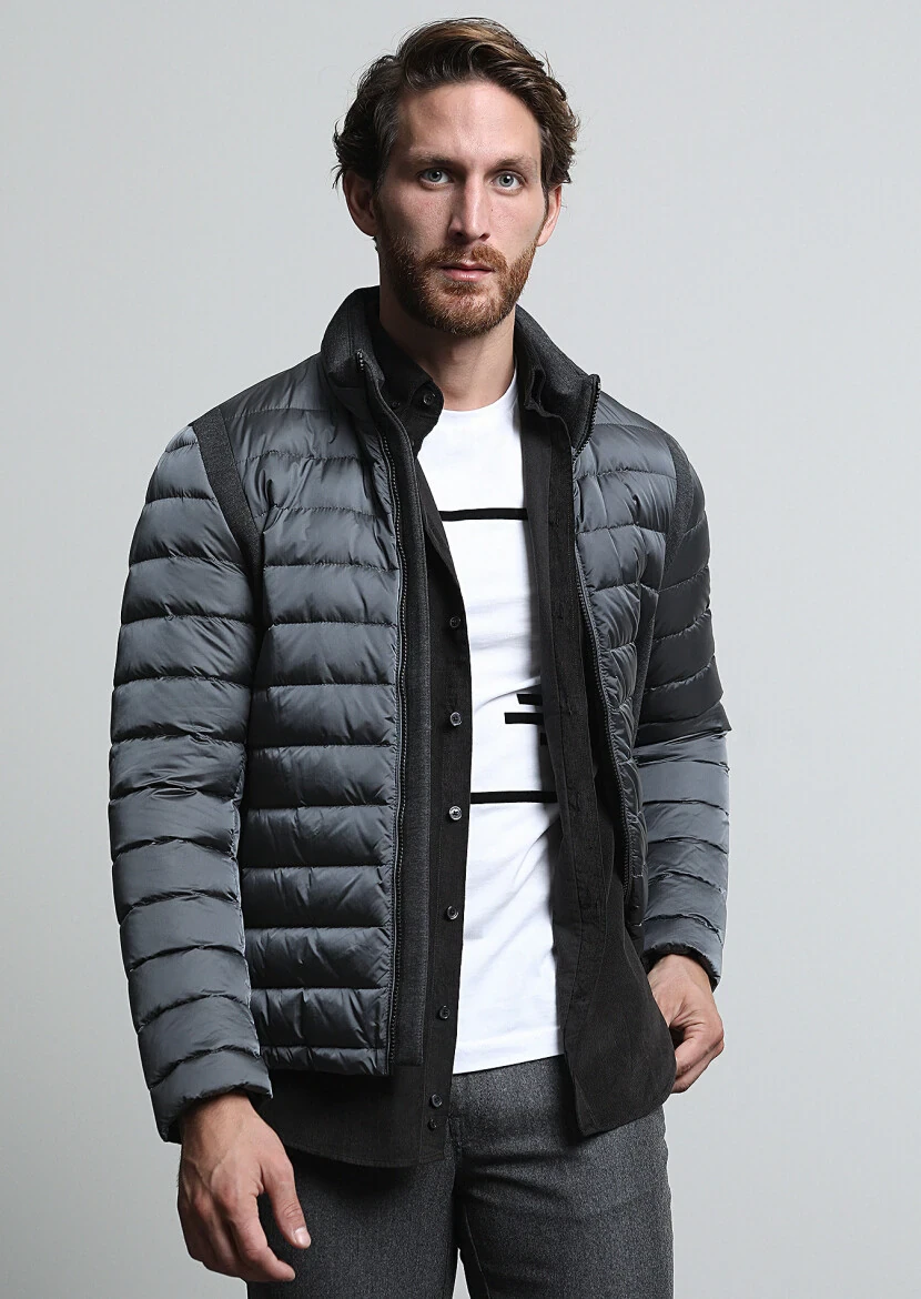 Grey Regular Fit Turtleneck Casual Weaving Coat - 1