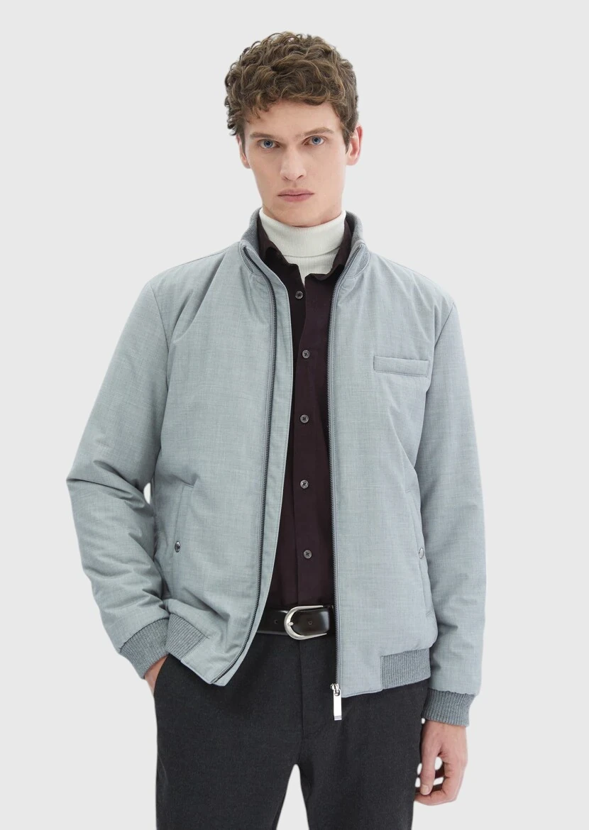 Grey Regular Fit Turtleneck Casual Weaving Coat - 1