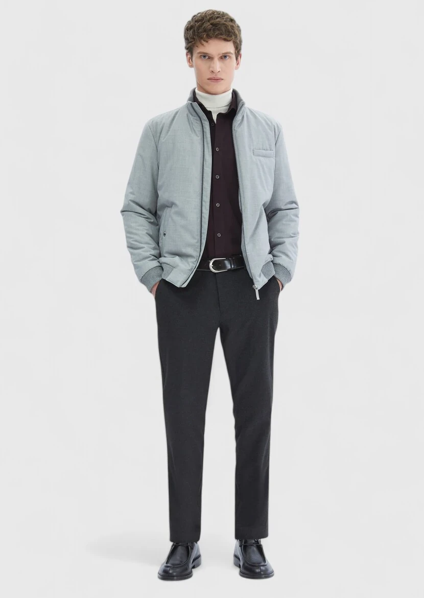 Grey Regular Fit Turtleneck Casual Weaving Coat - 2