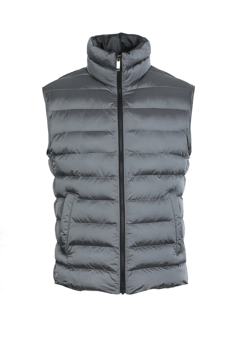 Grey Regular Fit Turtleneck Casual Weaving Puffer Puffer Vest - 6