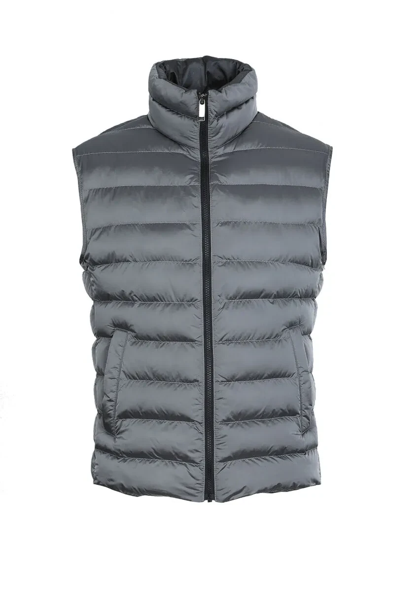 Grey Regular Fit Turtleneck Casual Weaving Puffer Puffer Vest - 6