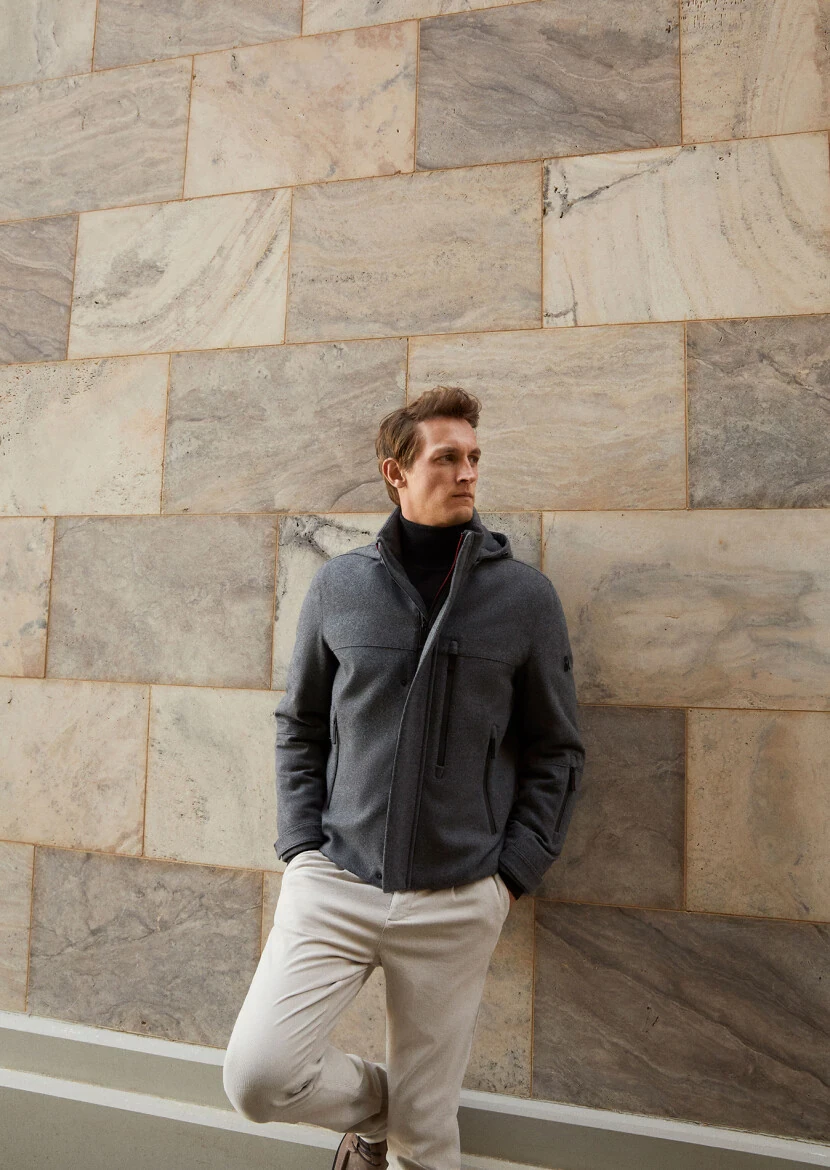 Grey Regular Fit Turtleneck Casual Weaving Removable Hood Coat - 1