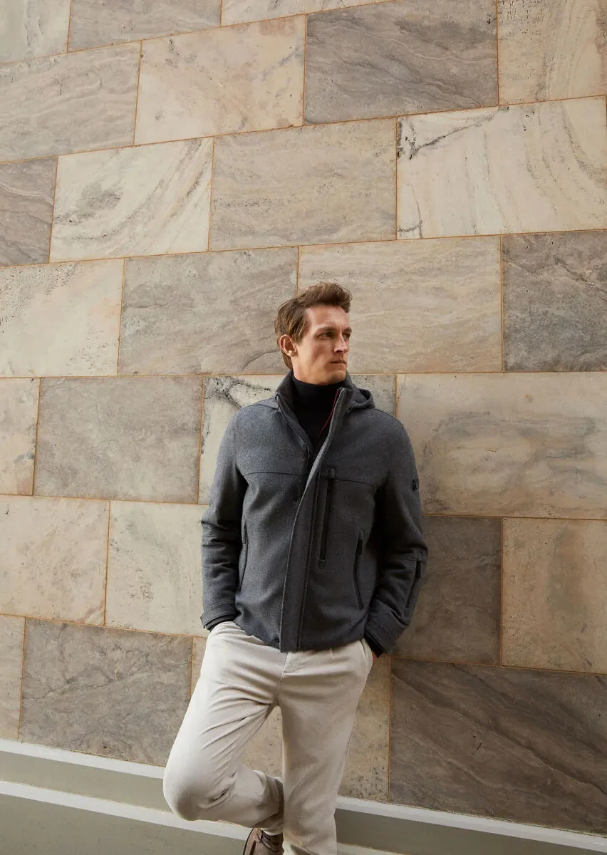 Grey Regular Fit Turtleneck Casual Weaving Removable Hood Coat - 1