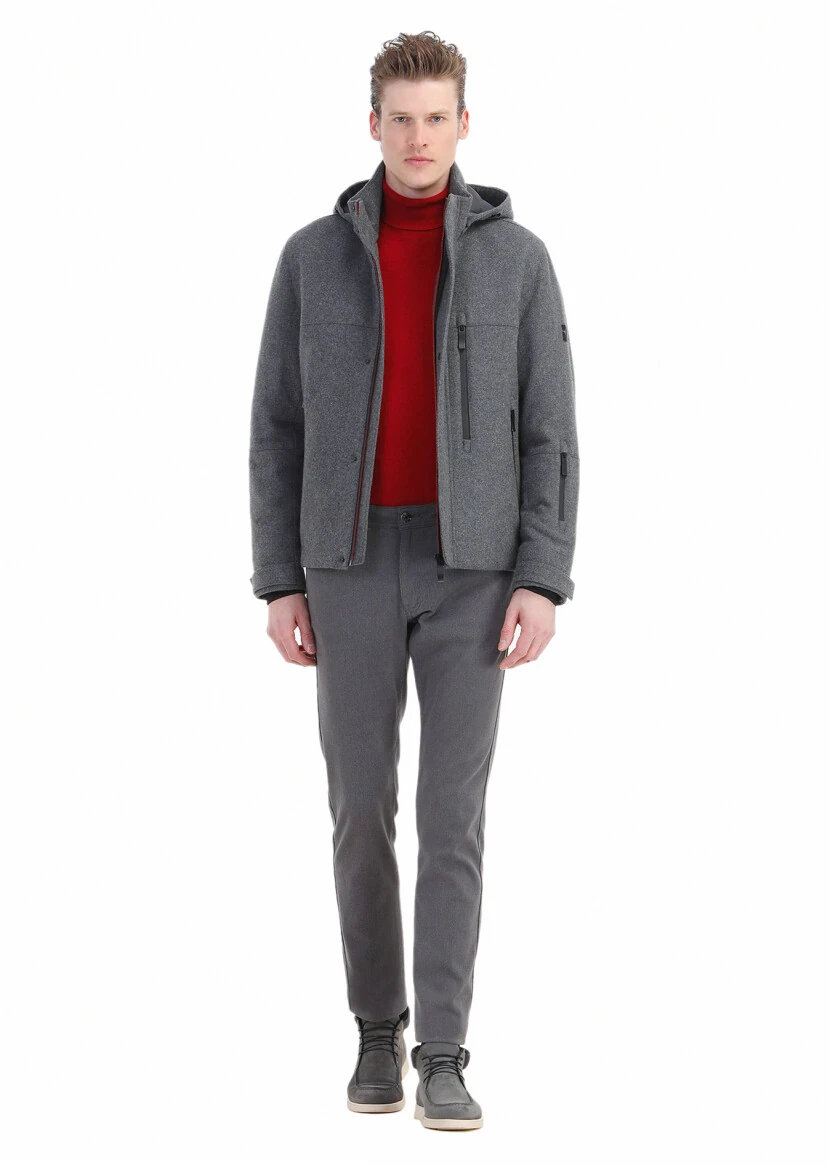 Grey Regular Fit Turtleneck Casual Weaving Removable Hood Coat - 2