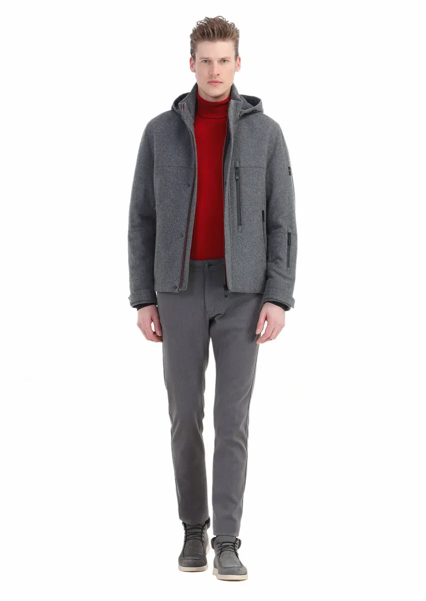 Grey Regular Fit Turtleneck Casual Weaving Removable Hood Coat - 2