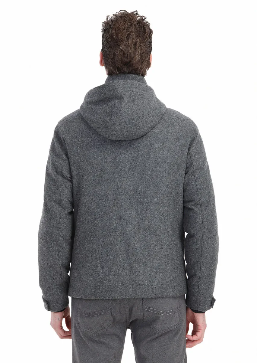 Grey Regular Fit Turtleneck Casual Weaving Removable Hood Coat - 8