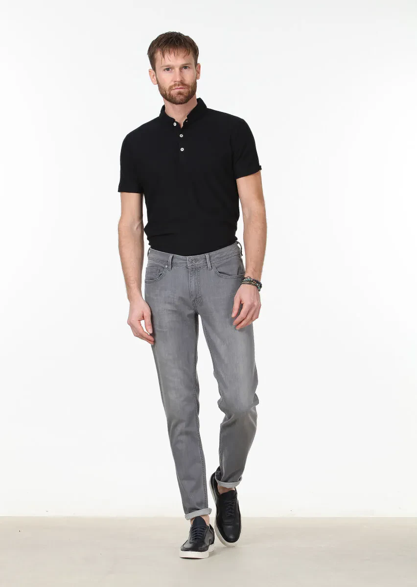 Grey Slim Fit Denim Cotton Blended Trousers - 1