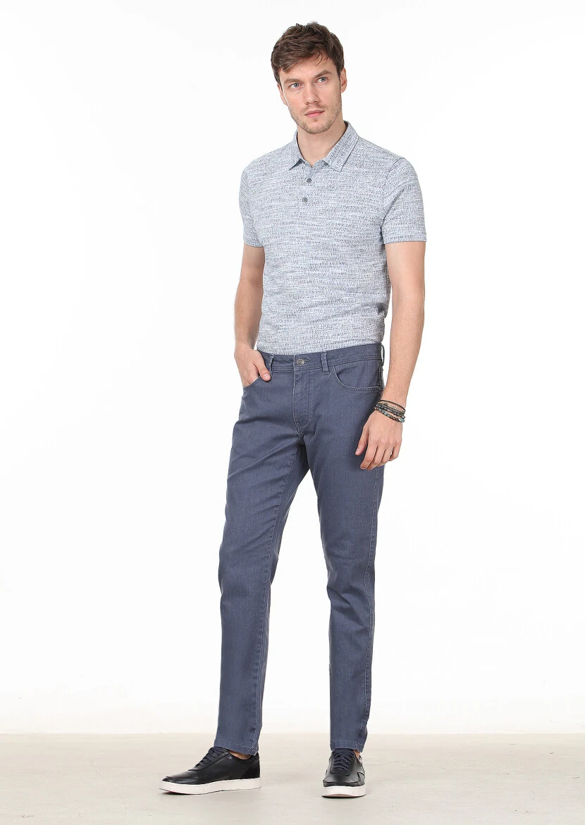 Grey Slim Fit Denim Cotton Blended Trousers - 2
