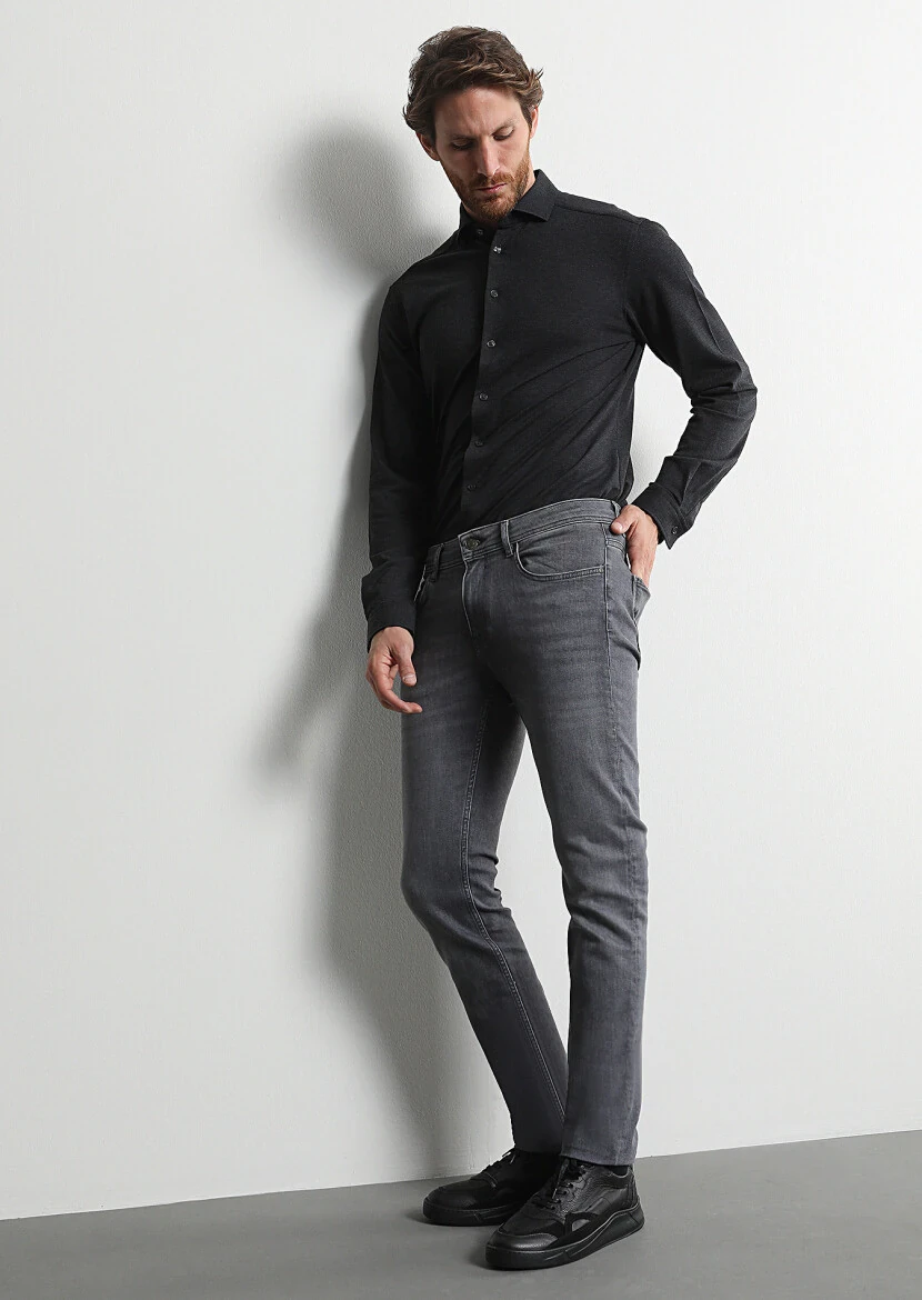 Grey Slim Fit Denim Cotton Blended Trousers - 1