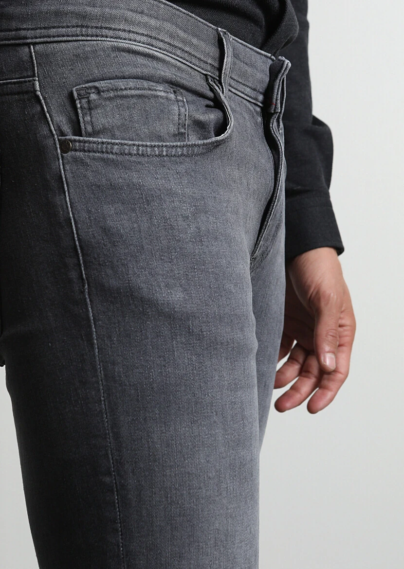 Grey Slim Fit Denim Cotton Blended Trousers - 3