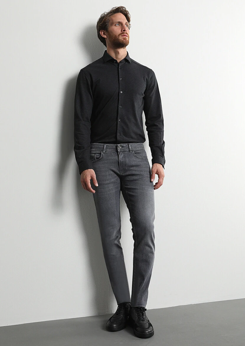 Grey Slim Fit Denim Cotton Blended Trousers - 4